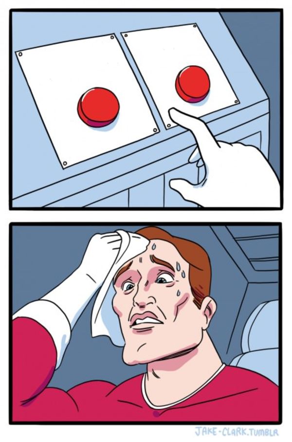 Two Buttons meme about Compass Coffee