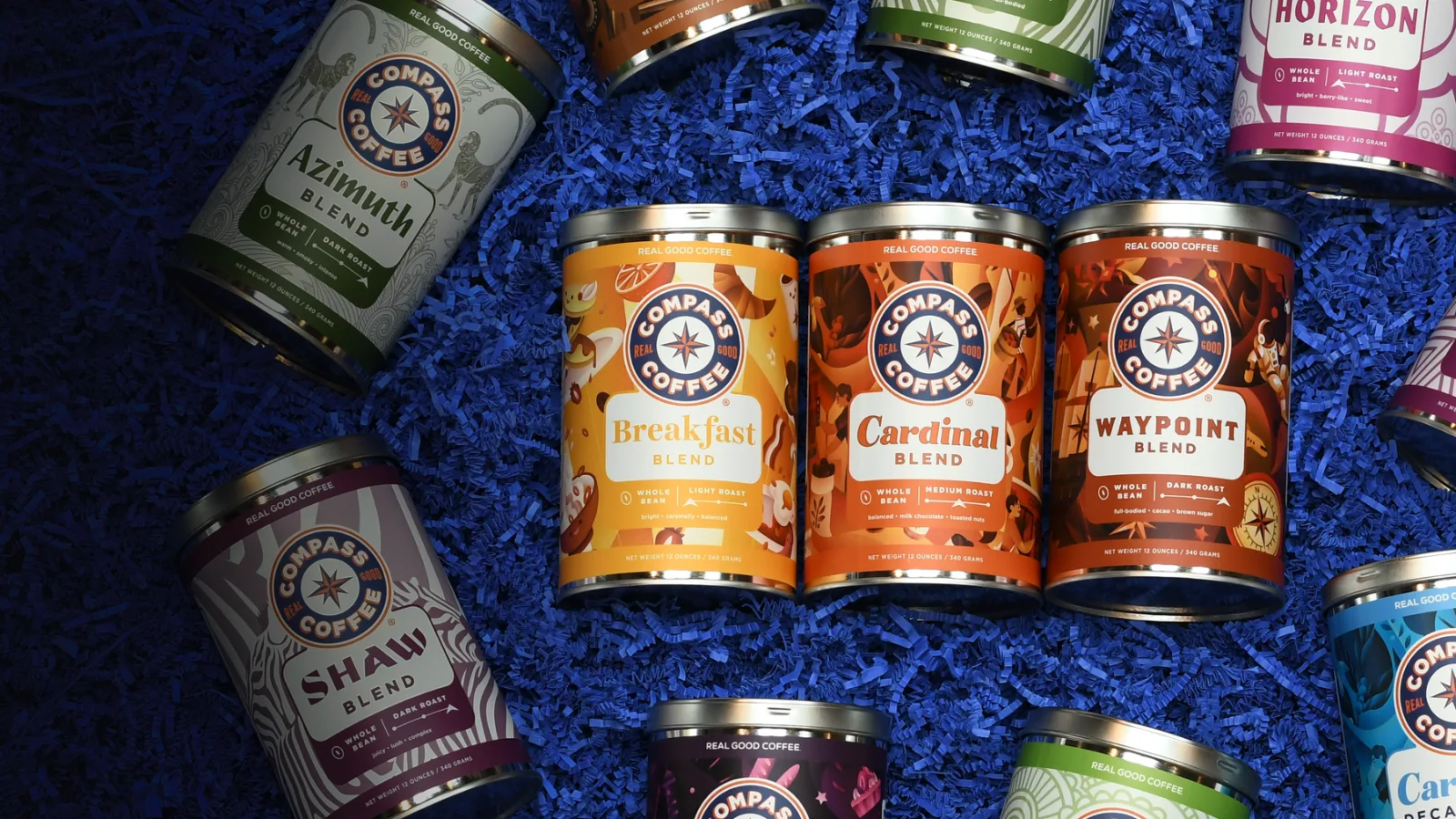 Compass Coffee 12oz tins: Breakfast, Cardinal, Waypoint, Shaw and Azimuth blends